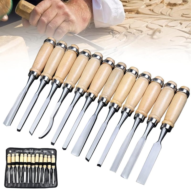 Sunkizzrs 12Pcs Wood Carving Chisel Set Chisel Set for Woodworking Wood Carving Professional Tools Set Woodworking Tools with Carrying Case Great for Beginners Pros