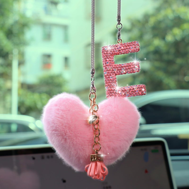 MOTOFITOOL Bling Pink Car Accessories for Women Letter Charm, Rainbow Color Rear View Mirror Cute Crystal Pendant Car Decorations, Lucky Gifts Diamond Rhinestone Charm Interior (E, Tassel Heart) - Image 1