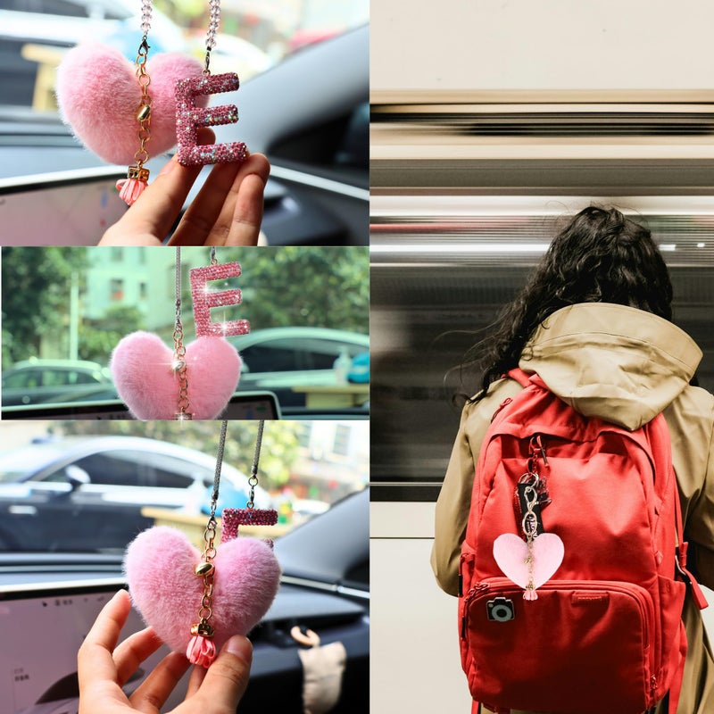 MOTOFITOOL Bling Pink Car Accessories for Women Letter Charm, Rainbow Color Rear View Mirror Cute Crystal Pendant Car Decorations, Lucky Gifts Diamond Rhinestone Charm Interior (E, Tassel Heart) - Image 5