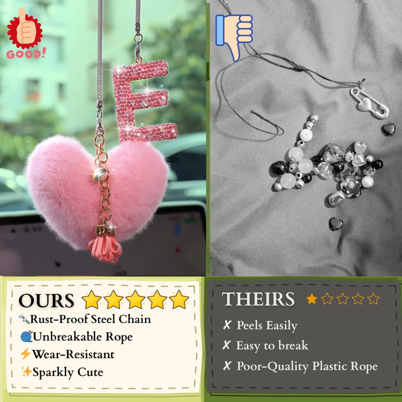 MOTOFITOOL Bling Pink Car Accessories for Women Letter Charm, Rainbow Color Rear View Mirror Cute Crystal Pendant Car Decorations, Lucky Gifts Diamond Rhinestone Charm Interior (E, Tassel Heart) - Image 3