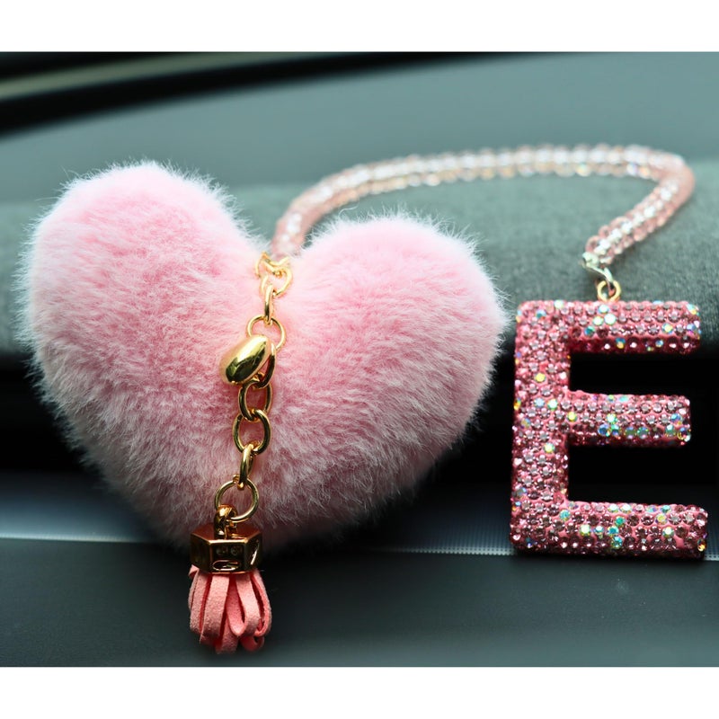 MOTOFITOOL Bling Pink Car Accessories for Women Letter Charm, Rainbow Color Rear View Mirror Cute Crystal Pendant Car Decorations, Lucky Gifts Diamond Rhinestone Charm Interior (E, Tassel Heart) - Image 4