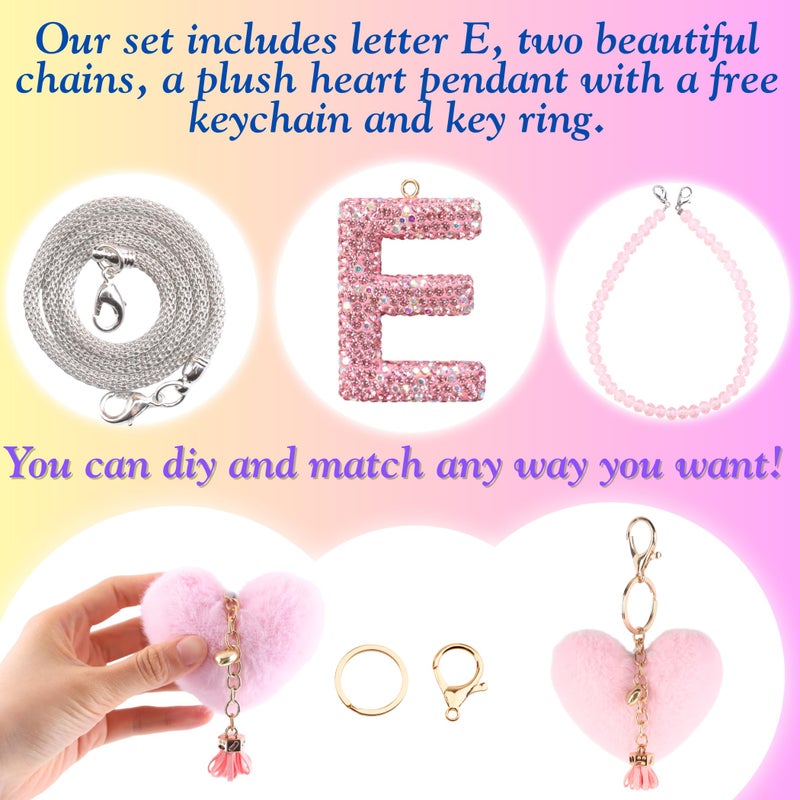 MOTOFITOOL Bling Pink Car Accessories for Women Letter Charm, Rainbow Color Rear View Mirror Cute Crystal Pendant Car Decorations, Lucky Gifts Diamond Rhinestone Charm Interior (E, Tassel Heart) - Image 2