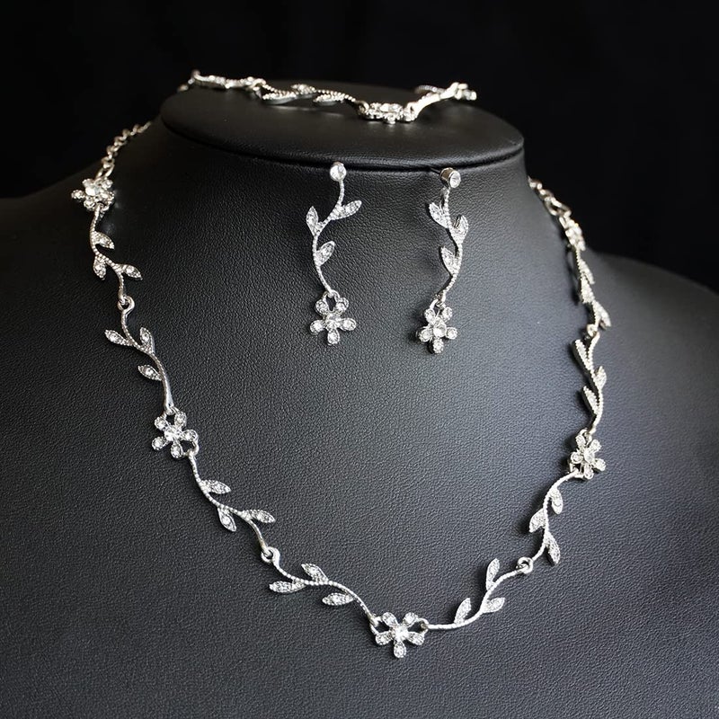 Hapibuy Crystal Necklace Earrings Bracelet Bridal Wedding Jewelry Set Rhinestone Choker Necklace For Brides Bridesmaid Silver - Image 3