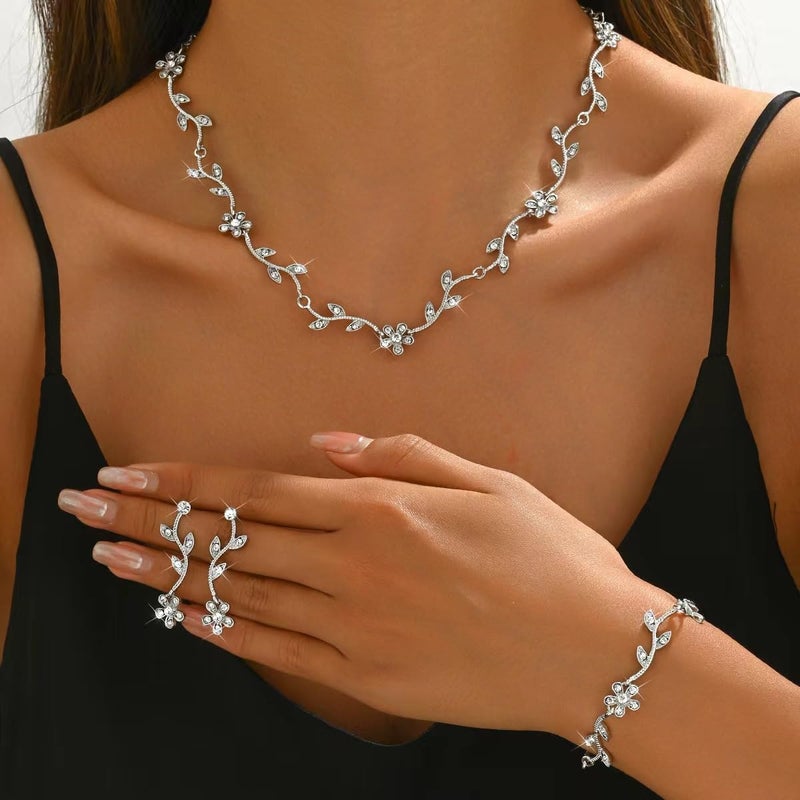 Hapibuy Crystal Necklace Earrings Bracelet Bridal Wedding Jewelry Set Rhinestone Choker Necklace For Brides Bridesmaid Silver - Image 2