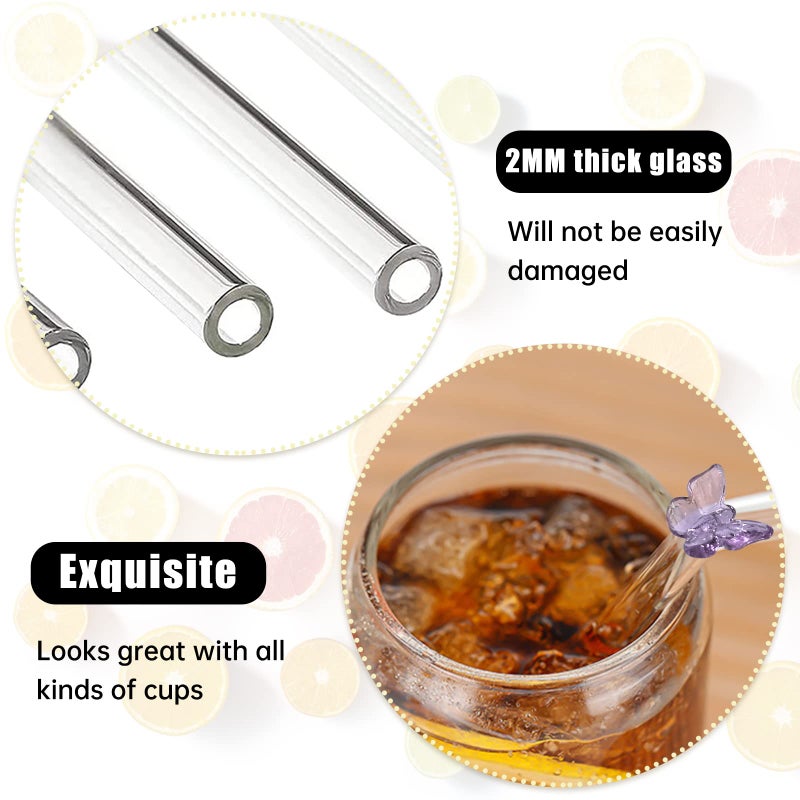 Melostu 5 Pcs Reusable Glass Straws,Colorful Butterfly on Clear Straws With Design 7.9in X 8mm Shatter Resistant Bent Drinking Straws with 2 Cleaning Brushes for Shakes,Juices,Smoothies, Cocktails - Image 3