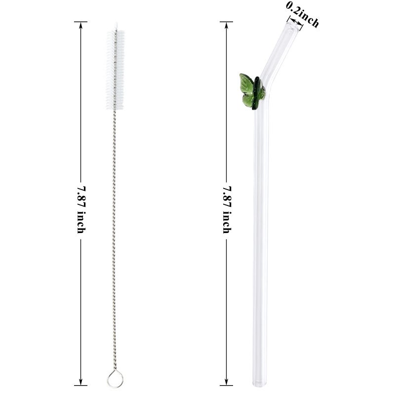 Melostu 5 Pcs Reusable Glass Straws,Colorful Butterfly on Clear Straws With Design 7.9in X 8mm Shatter Resistant Bent Drinking Straws with 2 Cleaning Brushes for Shakes,Juices,Smoothies, Cocktails - Image 2