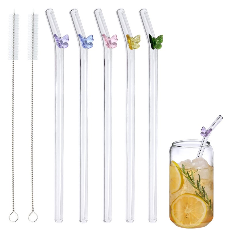 Melostu 5 Pcs Reusable Glass Straws,Colorful Butterfly on Clear Straws With Design 7.9in X 8mm Shatter Resistant Bent Drinking Straws with 2 Cleaning Brushes for Shakes,Juices,Smoothies, Cocktails - Image 1