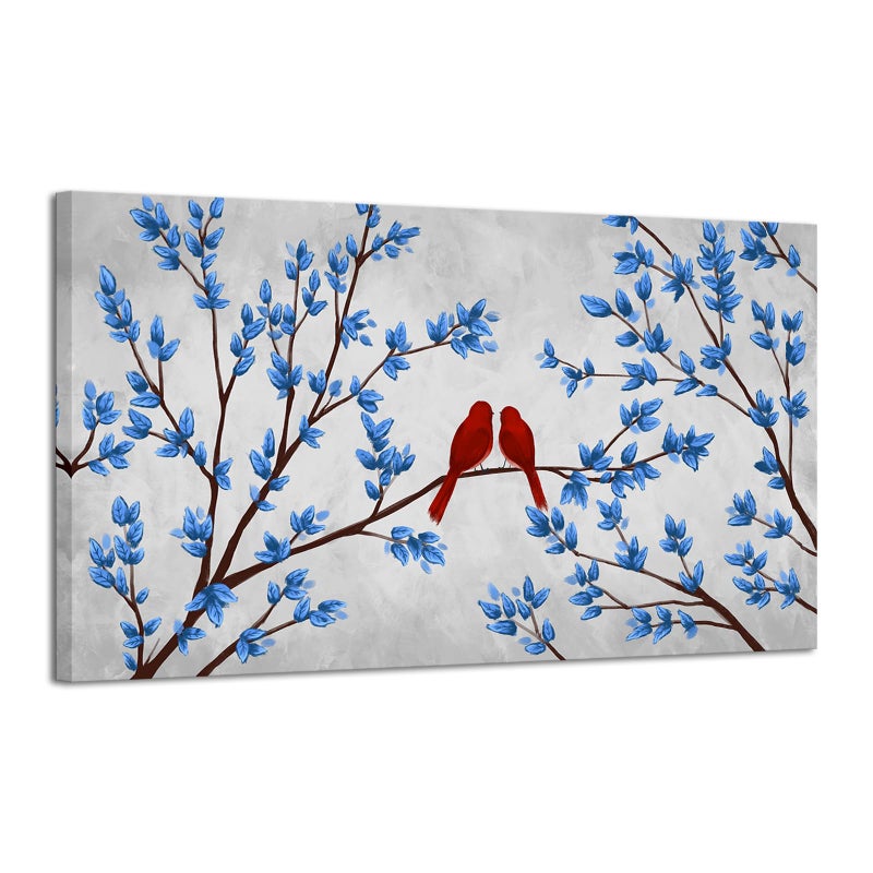 iHAPPYWALL Blue Trees Red Birds Canvas Wall Art Romantic Love Abstract Forest Landscape Picture Print on Canvas for Bedroom Home Decor Ready to Hang 20x36inch - Image 1