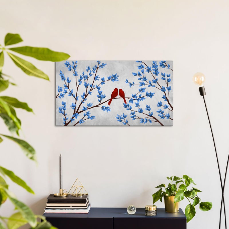 iHAPPYWALL Blue Trees Red Birds Canvas Wall Art Romantic Love Abstract Forest Landscape Picture Print on Canvas for Bedroom Home Decor Ready to Hang 20x36inch - Image 2