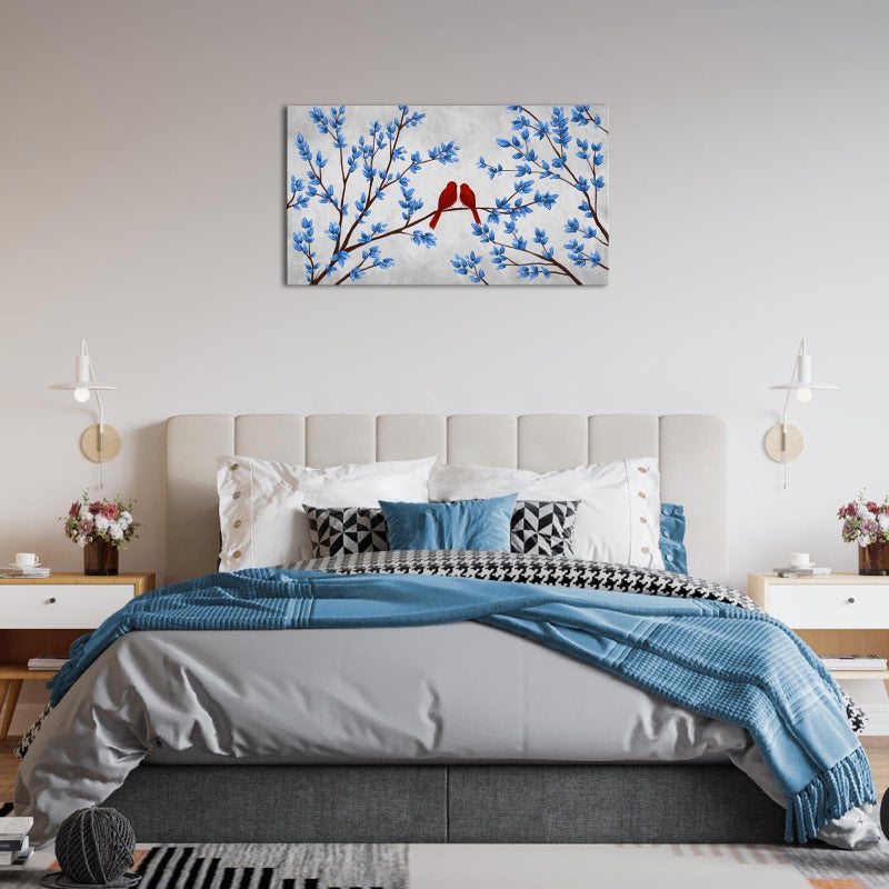 iHAPPYWALL Blue Trees Red Birds Canvas Wall Art Romantic Love Abstract Forest Landscape Picture Print on Canvas for Bedroom Home Decor Ready to Hang 20x36inch - Image 3