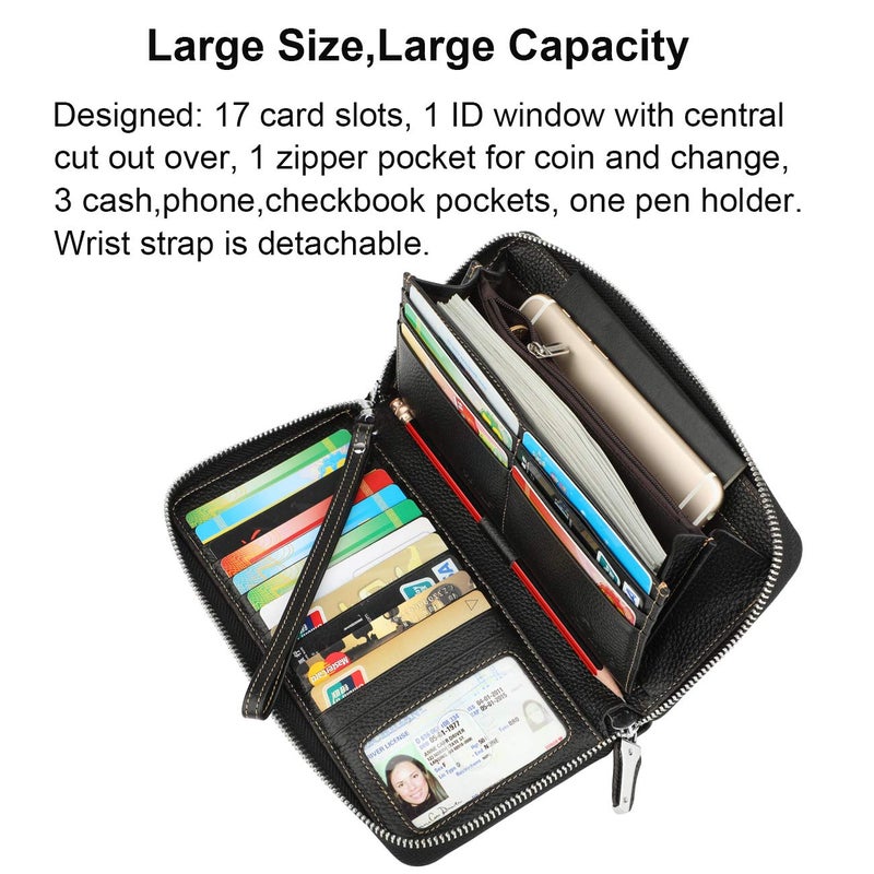 Lavemi Women's RFID Blocking 100% Leather Large Capacity Zip Around Wallet Phone Holder Clutch Travel Purse Wristlet(Large Size Pebble Black) - Image 3