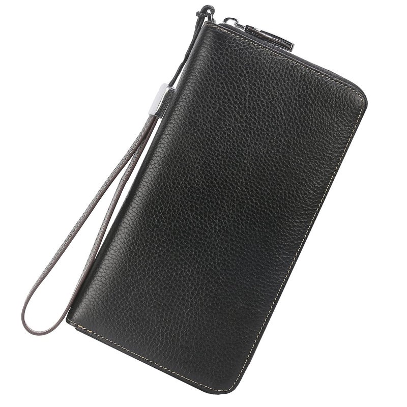 Lavemi Women's RFID Blocking 100% Leather Large Capacity Zip Around Wallet Phone Holder Clutch Travel Purse Wristlet(Large Size Pebble Black) - Image 1