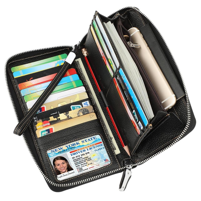 Lavemi Women's RFID Blocking 100% Leather Large Capacity Zip Around Wallet Phone Holder Clutch Travel Purse Wristlet(Large Size Pebble Black) - Image 2