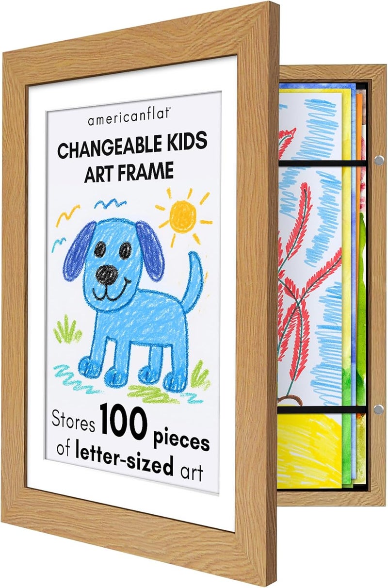Americanflat 10x12.5 Kids Artwork Picture Frame in Oak- Displays 8.5x11 With Mat and 10x12.5 Without Mat - Composite Wood with Shatter Resistant Glass - Horizontal and Vertical Formats - Image 1