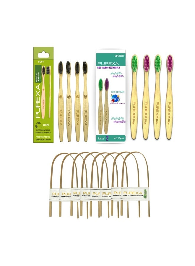 PUREXA Bamboo Toothbrush and Tongue Cleaner | Charcoal Infused | Soft Bristles | Antibacterial and Biodegradable | Eco-Friendly | Premium Organic Tooth Brush (4 Adult, 4 Kids, 8 Scraper) - Image 1