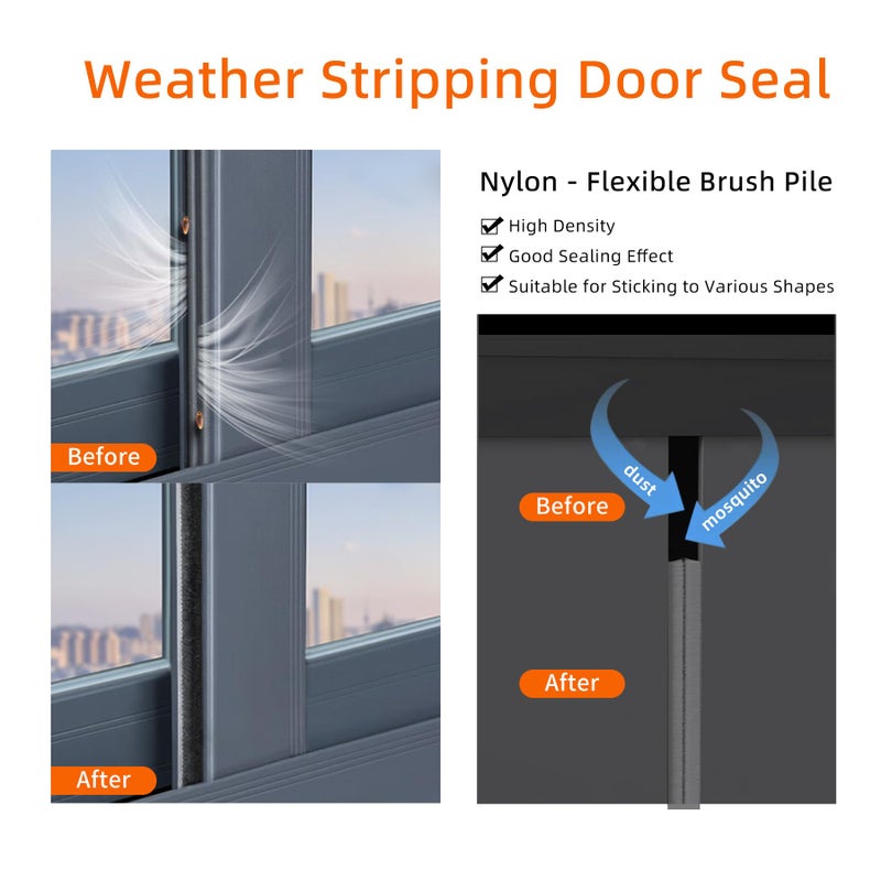 KAIYUER Brush Weather Stripping,33 Feet,Door Brush Seal Strip,Door Soundproofing Strip,Window Noise Blocker,Self Adhesive Draft Blocker,Dust Stopper Winter,Grey,0.2 in Brush x 0.35 in Backing - Image 5