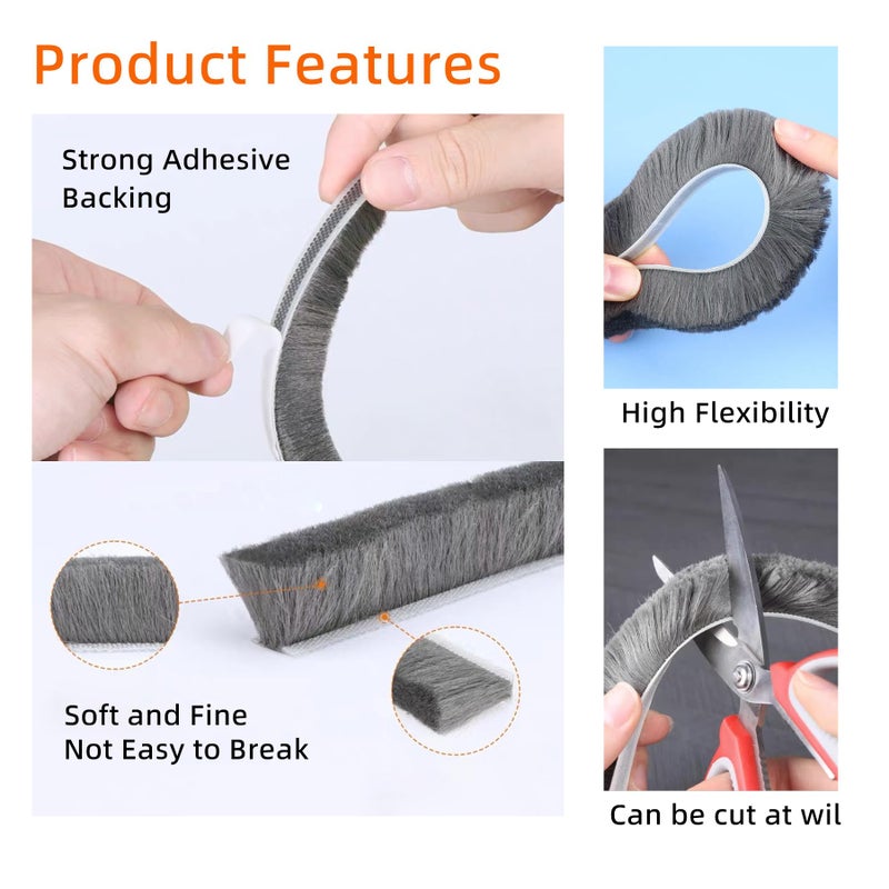 KAIYUER Brush Weather Stripping,33 Feet,Door Brush Seal Strip,Door Soundproofing Strip,Window Noise Blocker,Self Adhesive Draft Blocker,Dust Stopper Winter,Grey,0.2 in Brush x 0.35 in Backing - Image 3