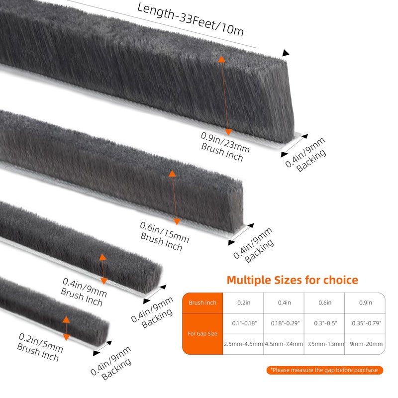 KAIYUER Brush Weather Stripping,33 Feet,Door Brush Seal Strip,Door Soundproofing Strip,Window Noise Blocker,Self Adhesive Draft Blocker,Dust Stopper Winter,Grey,0.2 in Brush x 0.35 in Backing - Image 2