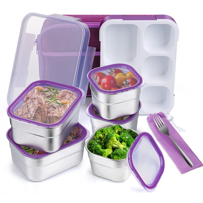 DaCool Stainless Steel Kids Bento Lunch Box Leak Proof BPA-Free School Lunch Container 5-Compartment with Lunch Bag and Fork for Toddler Child Adult, Food Snack Container for Picnic Outdoors,Purple - Image 1