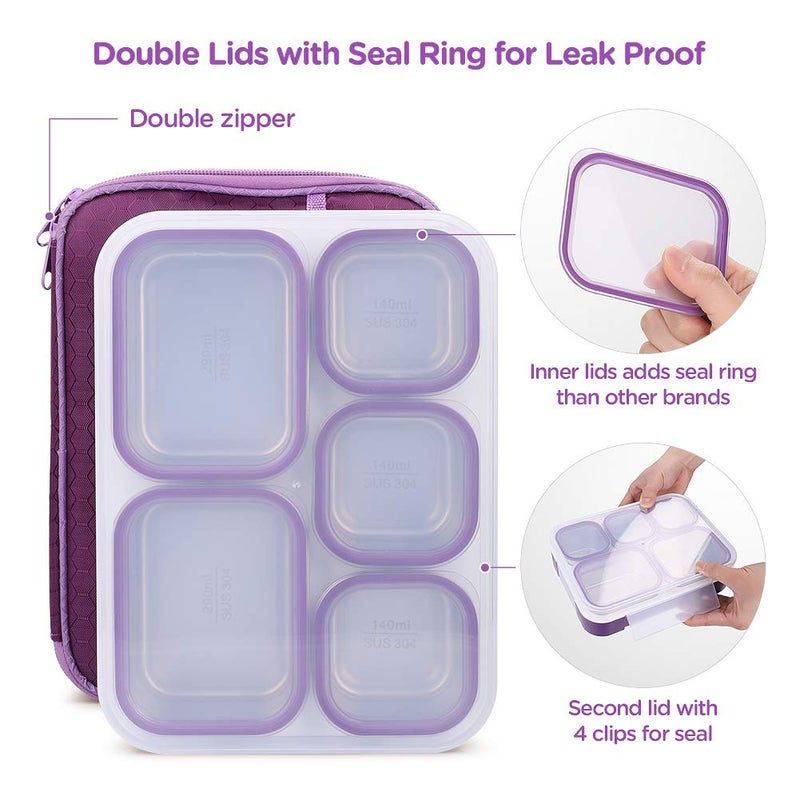 DaCool Stainless Steel Kids Bento Lunch Box Leak Proof BPA-Free School Lunch Container 5-Compartment with Lunch Bag and Fork for Toddler Child Adult, Food Snack Container for Picnic Outdoors,Purple - Image 3