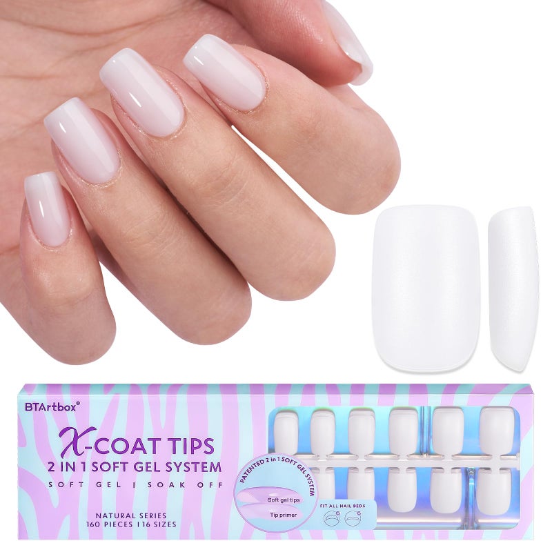 BTArtboxnails Square Gel Nail Tips Short - Pre Colored Milky White Soft Gel Nail Tips, Milky White Press on Nails, Natural XCOATTIPS - Image 1
