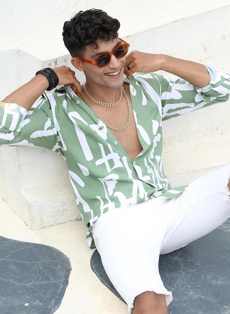 Campus Sutra Campus Sutra Men's Sage Green Abstract Print Shirt For Casual Wear | Spread Collar | Long Sleeve | Button Closure | Heavy Rayon Shirts Crafted With Comfort Fit For Everyday Wear
