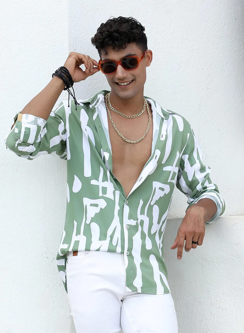 Campus Sutra Campus Sutra Men's Sage Green Abstract Print Shirt For Casual Wear | Spread Collar | Long Sleeve | Button Closure | Heavy Rayon Shirts Crafted With Comfort Fit For Everyday Wear