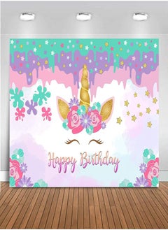 Mocsicka Mocsicka Unicorn Backdrop Happy Birthday Party Decorations for Girls Princess Vinyl Watercolor Floral Unicorn Cake Table Banner Supplies Studio Props (7x5ft) 
