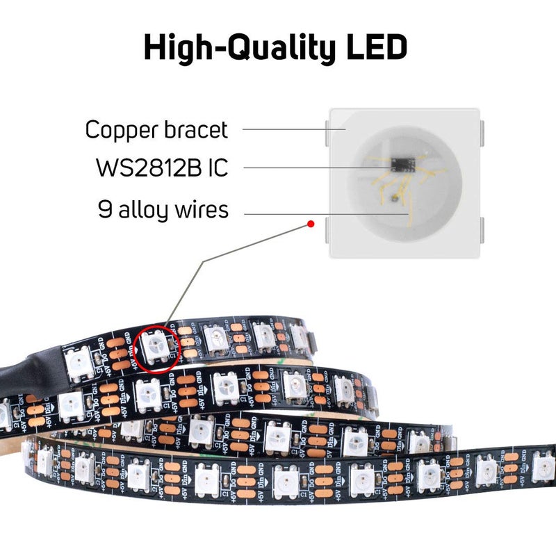 BTF-LIGHTING WS2812B ECO RGB Alloy Wires 5050SMD Individual Addressable 16.4FT 60Pixels/m 300Pixels Flexible Black PCB Full Color LED Pixel Strip Dream Color IP30 Non-Waterproof DIY Projects Only DC5V - Image 2