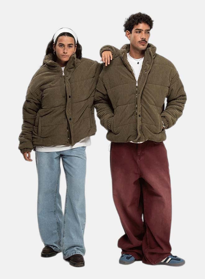 In Your Shoe Olive Oversized Corduroy Puffer Jacket - Image 3
