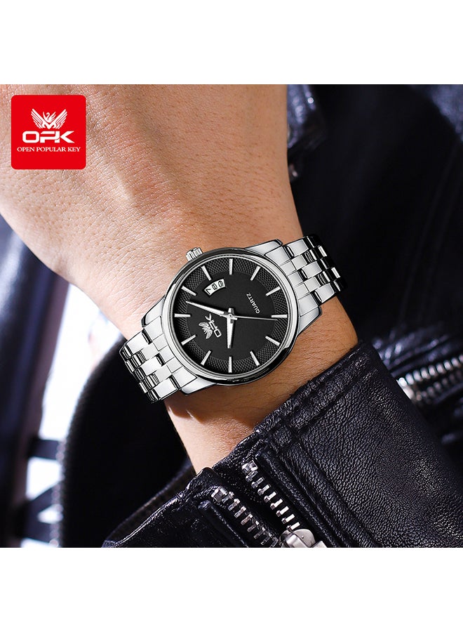 Opk Stainless Steel Strap, Simple Single Calendar, Men'S Luminous Waterproof Quartz Watch - 6045 Steel Strap, Natural Black. - Image 1