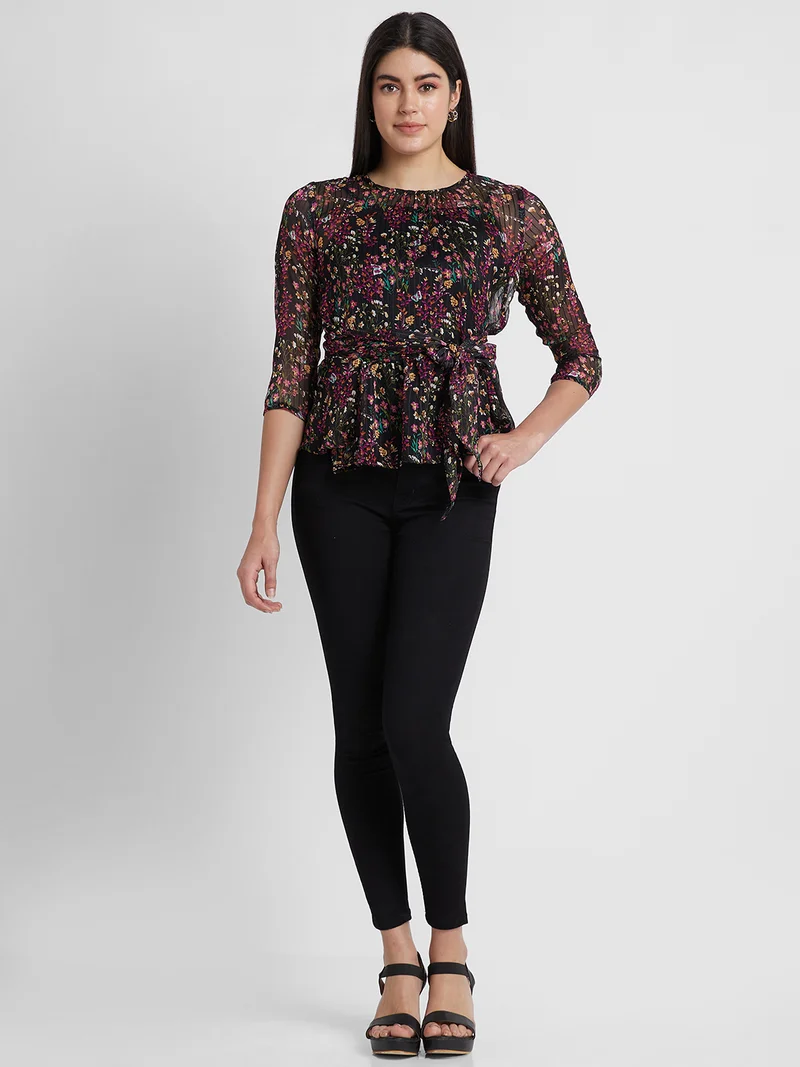 جلو باص بلوزة جلوبس نسائية بطبعات زهور وربطة خصر بياقة بيبلوم