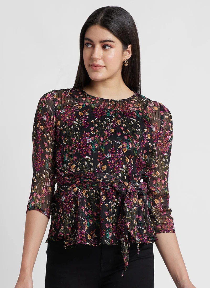 globus Women Floral Printed Waist Tie-Ups Peplum Top
