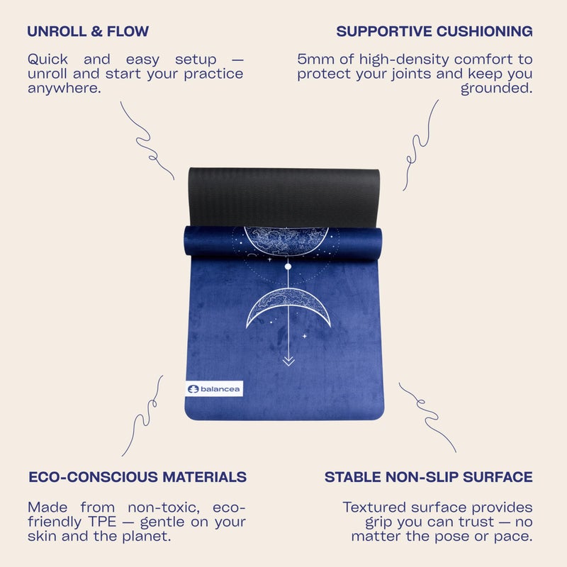 balancea Yoga Mat With Strap 5mm Non Slip Suede & TPE - Blue Eco-Friendly Fitness & Exercise Mat for Home Gym, Pilates, Hot Yoga, and Meditation - Lightweight Durable 72 x 24 inch Workout Mat for Women, Men - Image 3