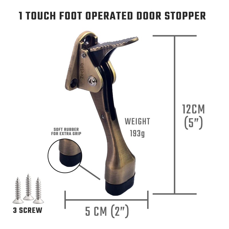 Zeetab Auto Door Stopper 5 Inch One Touch Kickdown Heavy Door Stop with Non Slip Rubber Tip Antique - Image 2