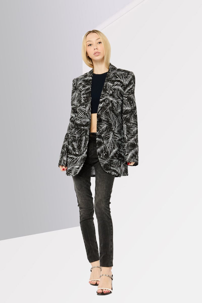 Michael Kors Women Regular Fit Allover Printed Semi Formal Blazers, Black/White  - Image 2