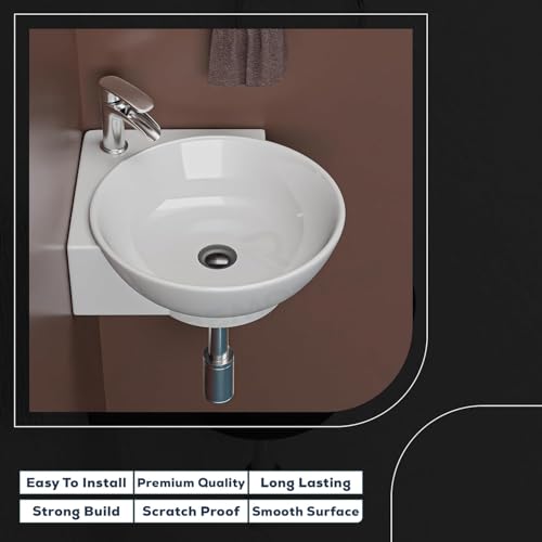 REMOTION Wall Mounted Wash Basin for Bathroom | Ceramic Wash Basin | Wall Hung Small Corner Wash Basin/Sink (16.3 x 13.8 x 4.3 Inch) (Plain White) - Image 5