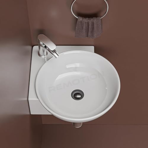 REMOTION Wall Mounted Wash Basin for Bathroom | Ceramic Wash Basin | Wall Hung Small Corner Wash Basin/Sink (16.3 x 13.8 x 4.3 Inch) (Plain White) - Image 1
