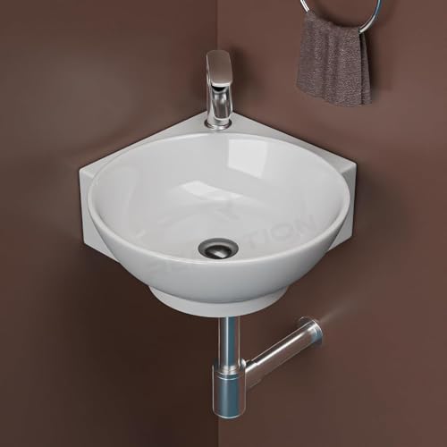 REMOTION Wall Mounted Wash Basin for Bathroom | Ceramic Wash Basin | Wall Hung Small Corner Wash Basin/Sink (16.3 x 13.8 x 4.3 Inch) (Plain White) - Image 2