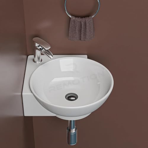 REMOTION Wall Mounted Wash Basin for Bathroom | Ceramic Wash Basin | Wall Hung Small Corner Wash Basin/Sink (16.3 x 13.8 x 4.3 Inch) (Plain White) - Image 3
