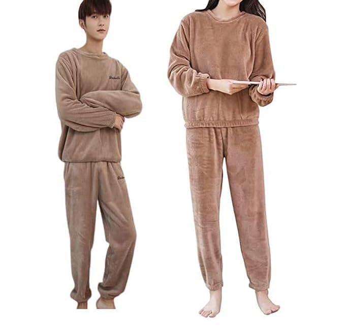 Ukal Women's & Men's Wool Blend Fleece Velvet Full Length Winter Nightwear Pajama Set Free Size (26 Till 34) Set f 2 (Brown) - Image 4