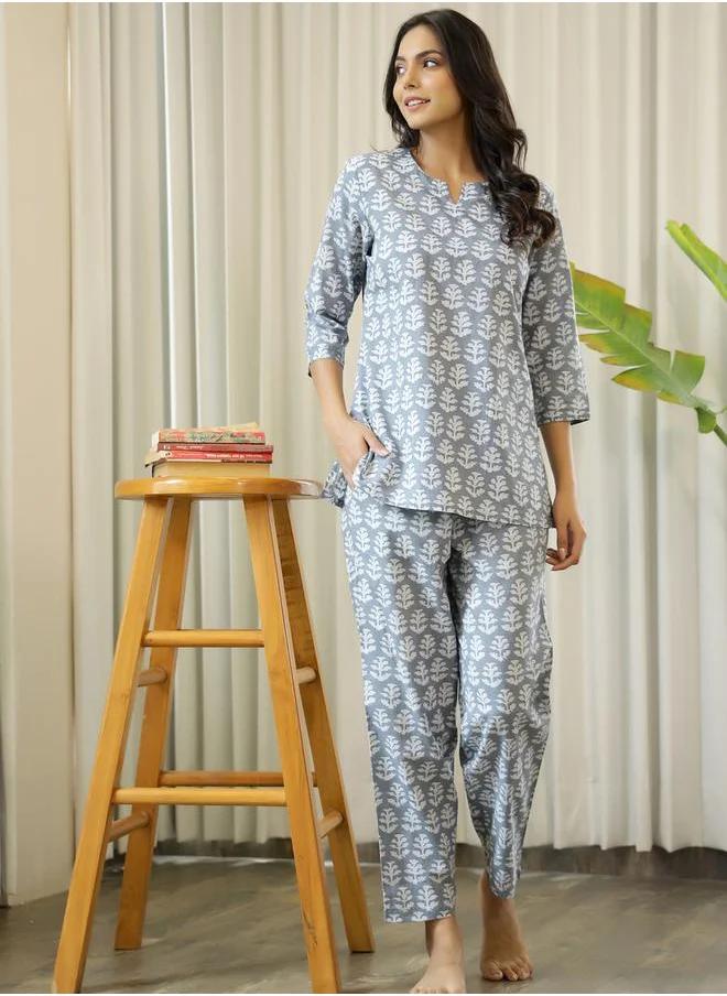 sanskrutihomes Notch Neck Printed Cotton Shirt & Pyjama Set by Styli