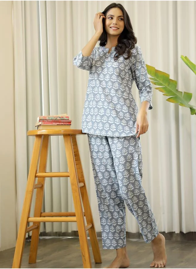 sanskrutihomes Notch Neck Printed Cotton Shirt & Pyjama Set by Styli