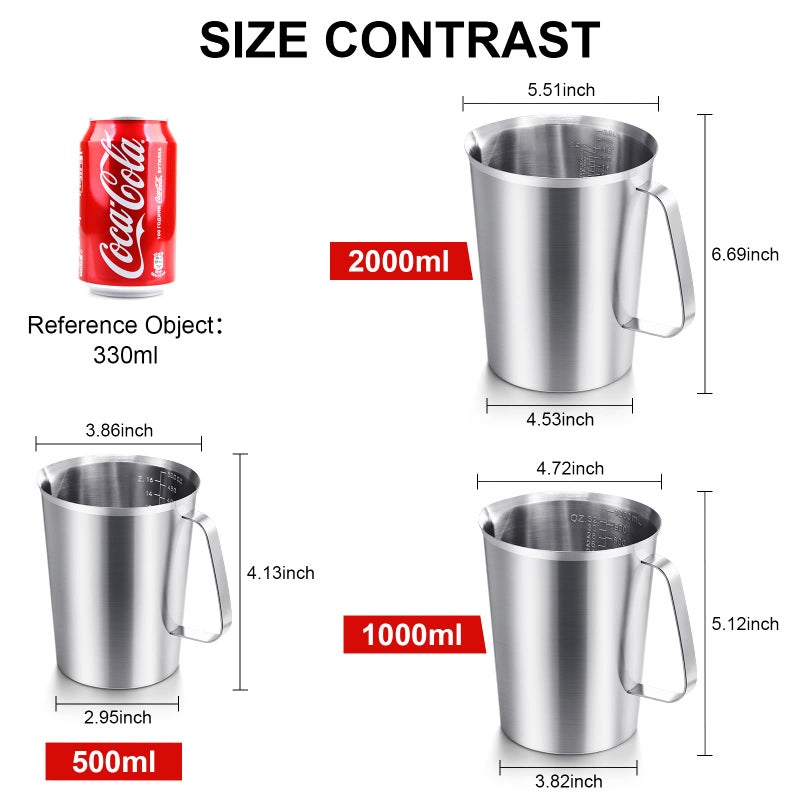 Flutesan Stainless Steel Measuring Cups 3 Pieces Measuring Pitcher with Handle Measuring Cup with Markings for Latte Art, Water Pouring 16 Ounces (2 Cup) 32 Ounces (4 Cup) 64 Ounces (8 Cup)  - Image 4