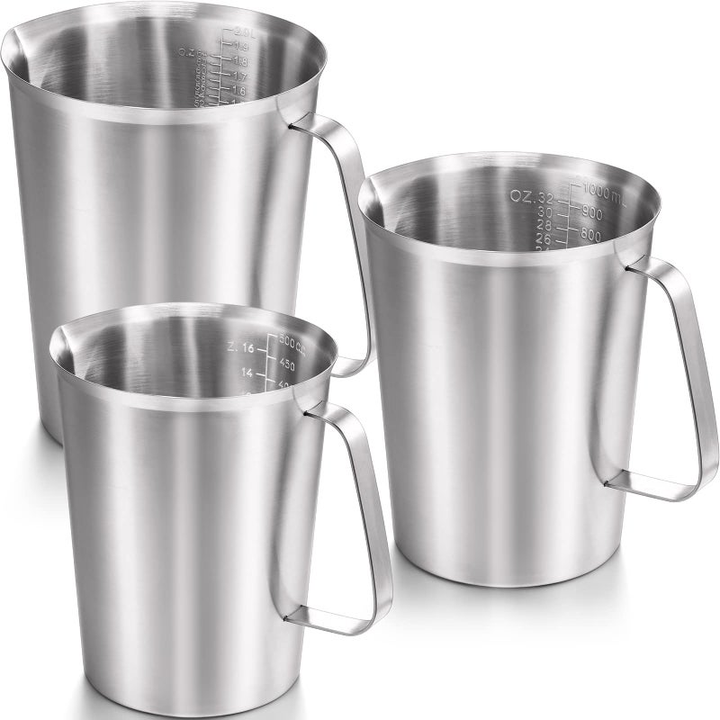 Flutesan Stainless Steel Measuring Cups 3 Pieces Measuring Pitcher with Handle Measuring Cup with Markings for Latte Art, Water Pouring 16 Ounces (2 Cup) 32 Ounces (4 Cup) 64 Ounces (8 Cup)  - Image 1