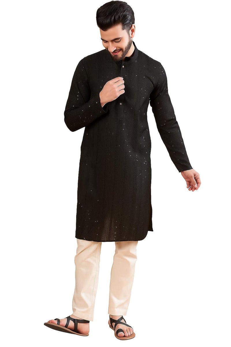 SWAGG INDIA كُرتا تقليدي عادي من الكتان المزخرف للرجال - Image 1