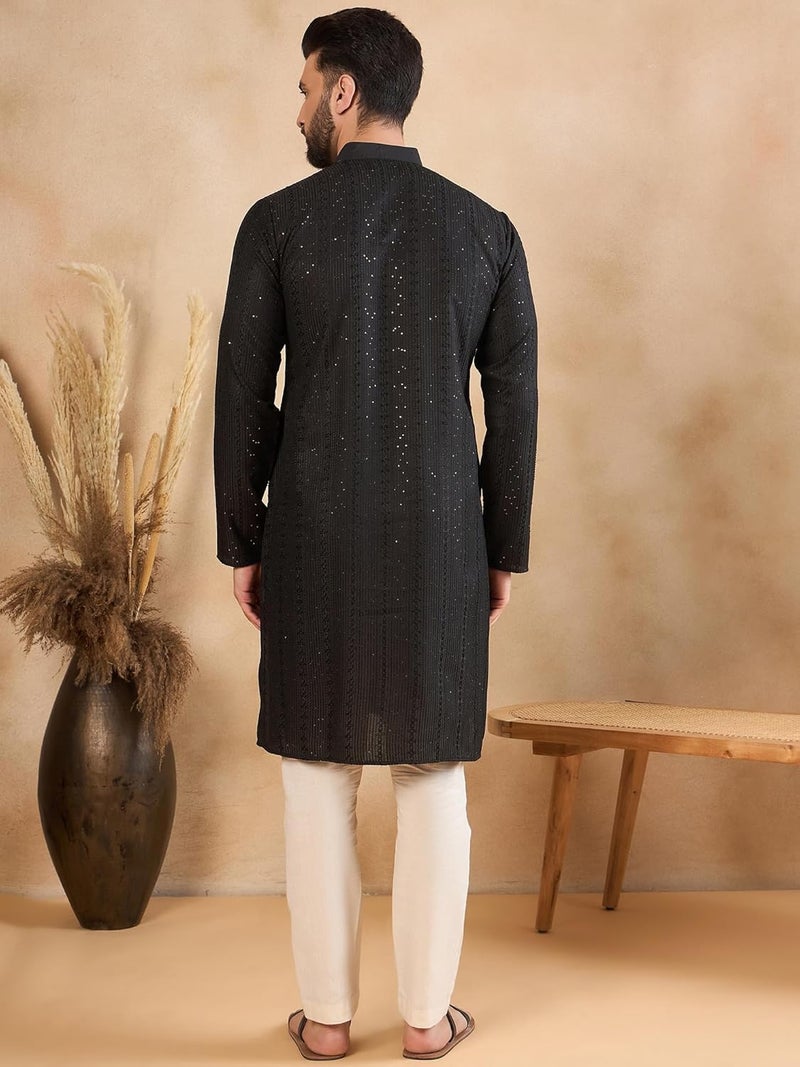 SWAGG INDIA كُرتا تقليدي عادي من الكتان المزخرف للرجال - Image 4