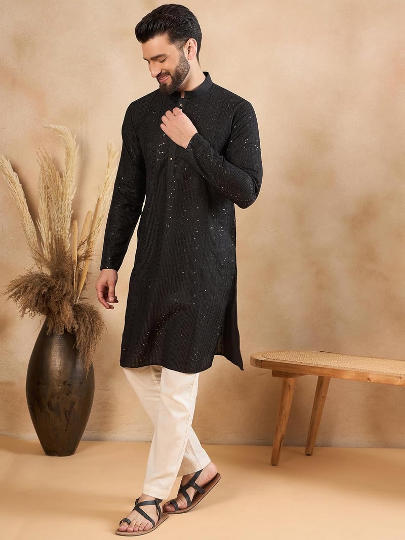 SWAGG INDIA كُرتا تقليدي عادي من الكتان المزخرف للرجال - Image 2