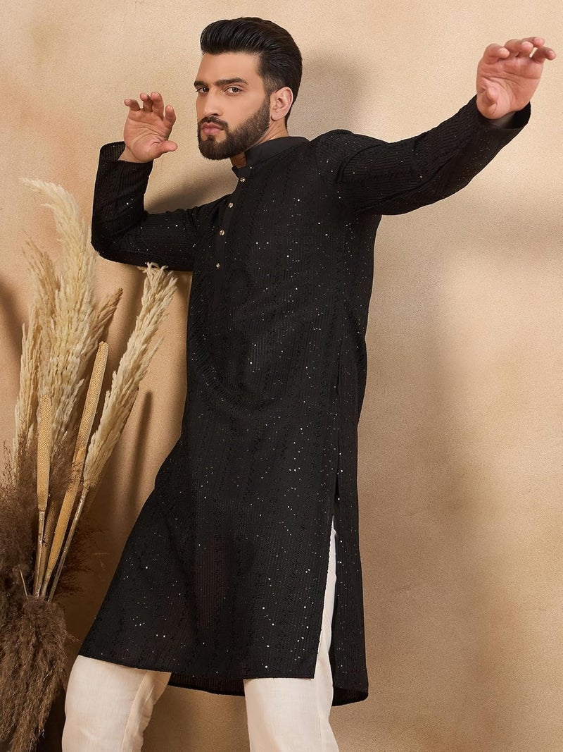 SWAGG INDIA كُرتا تقليدي عادي من الكتان المزخرف للرجال - Image 3