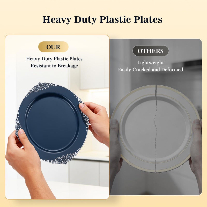 Goodluck 100PCS Navy Blue Plastic Plates with vintage silver trim â€“ 10.25â€ Heavy Duty Disposable Dinner Plates & Party Plates for Weddings, Parties, Events â€“ Elegant, Sturdy - Image 5